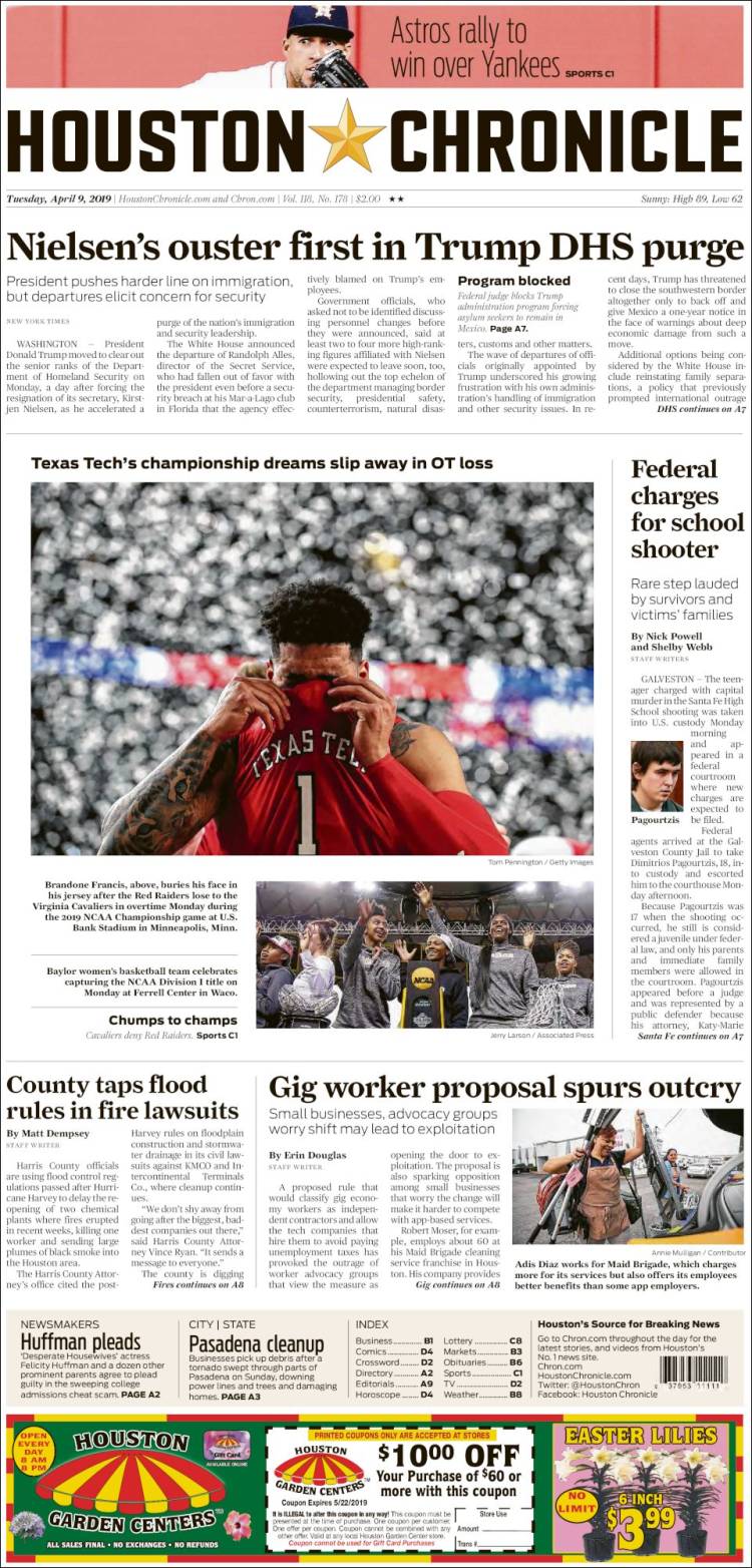 Portada de Houston Chronicle (USA)