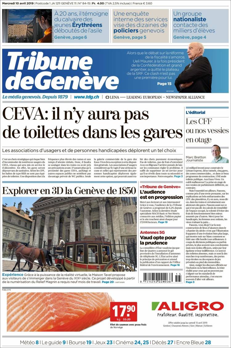 Portada de La Tribune de Genève (Suiza)