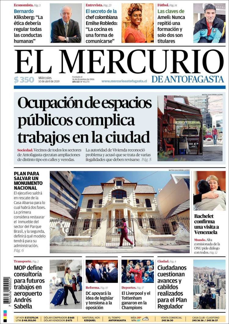 Portada de El Mercurio de Antofagasta (Chile)