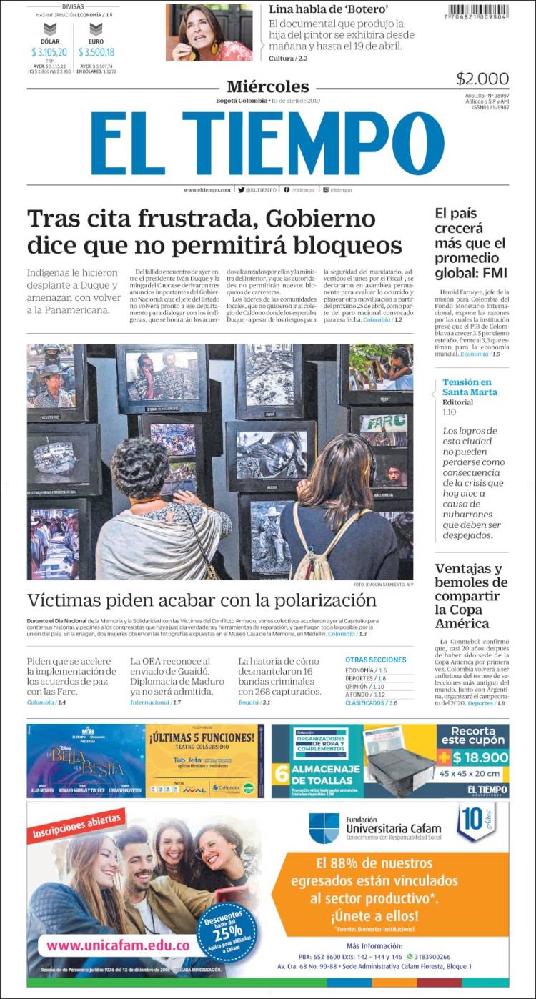 Portada de El Tiempo (Colombia)