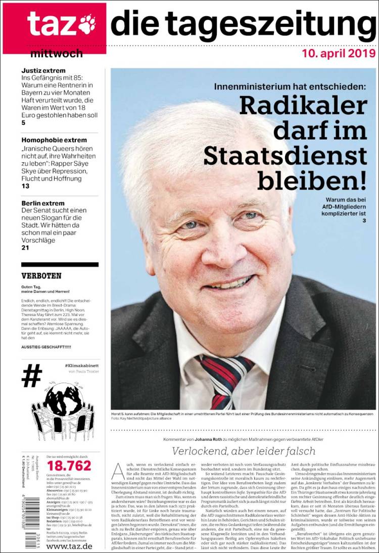 Portada de Die Tageszeitung (Alemania)