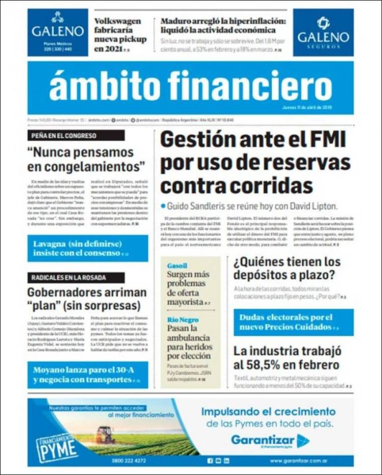 Portada de Diario Ambito Financiero (Argentina)