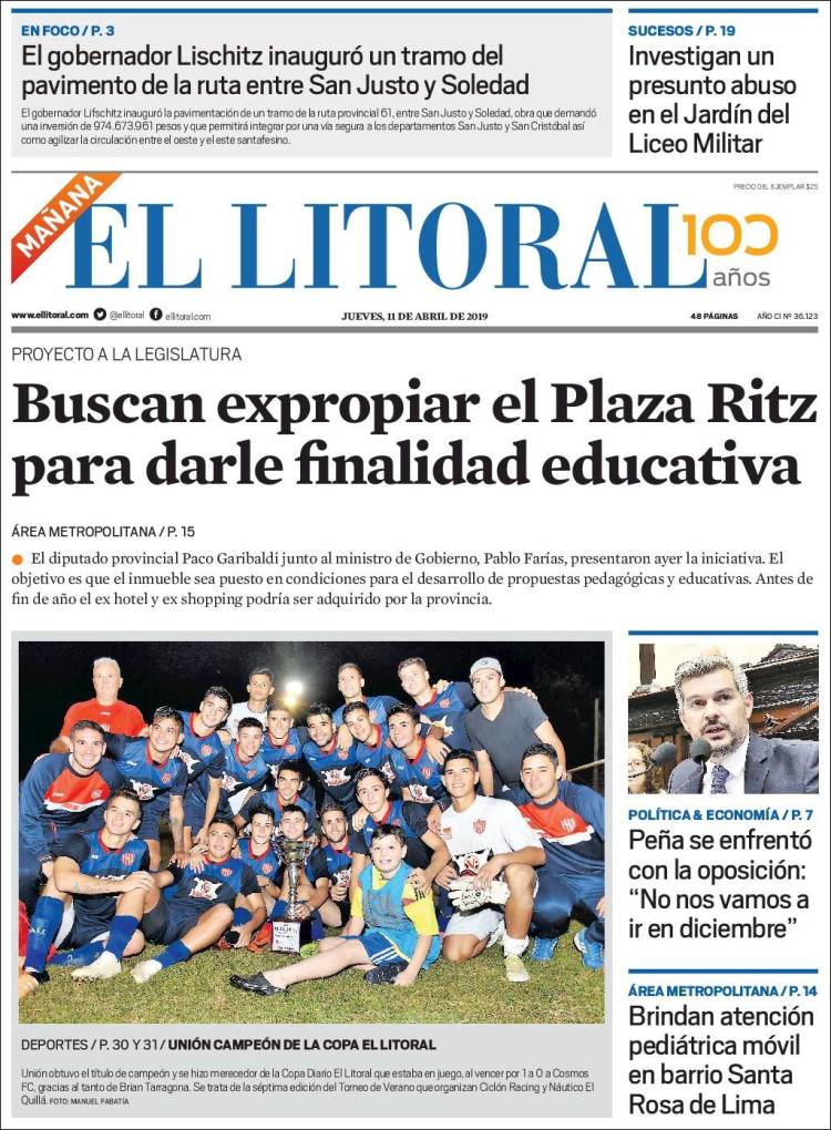 Portada de Diario El Litoral (Argentina)