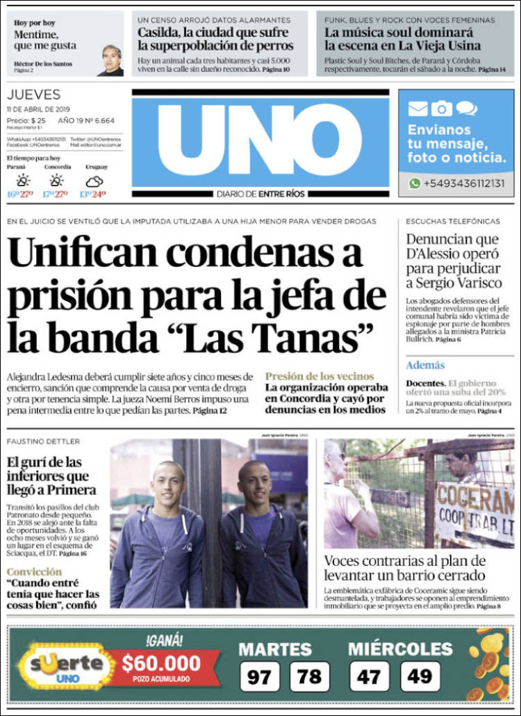 Portada de Diario Uno de Entre Ríos (Argentina)