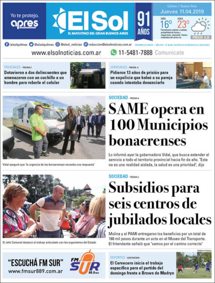 Portada de Diario El Sol (Argentina)