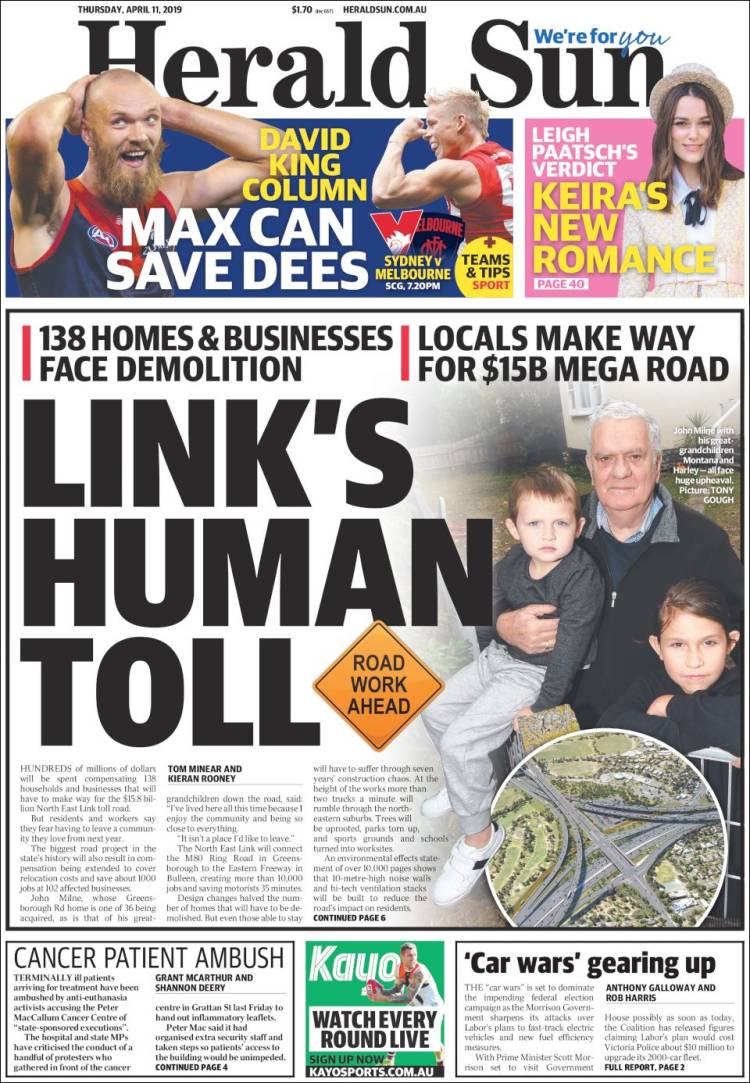 Portada de Herald Sun (Australia)