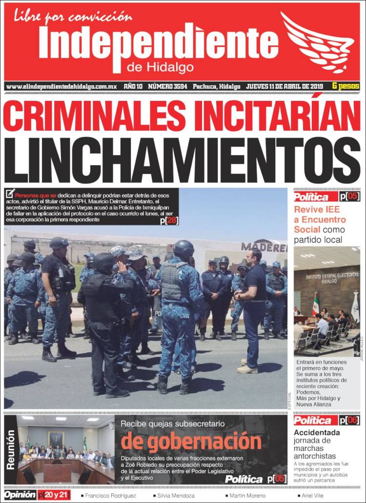 Portada de El Independiente de Hidalgo (M&eacute;xico)