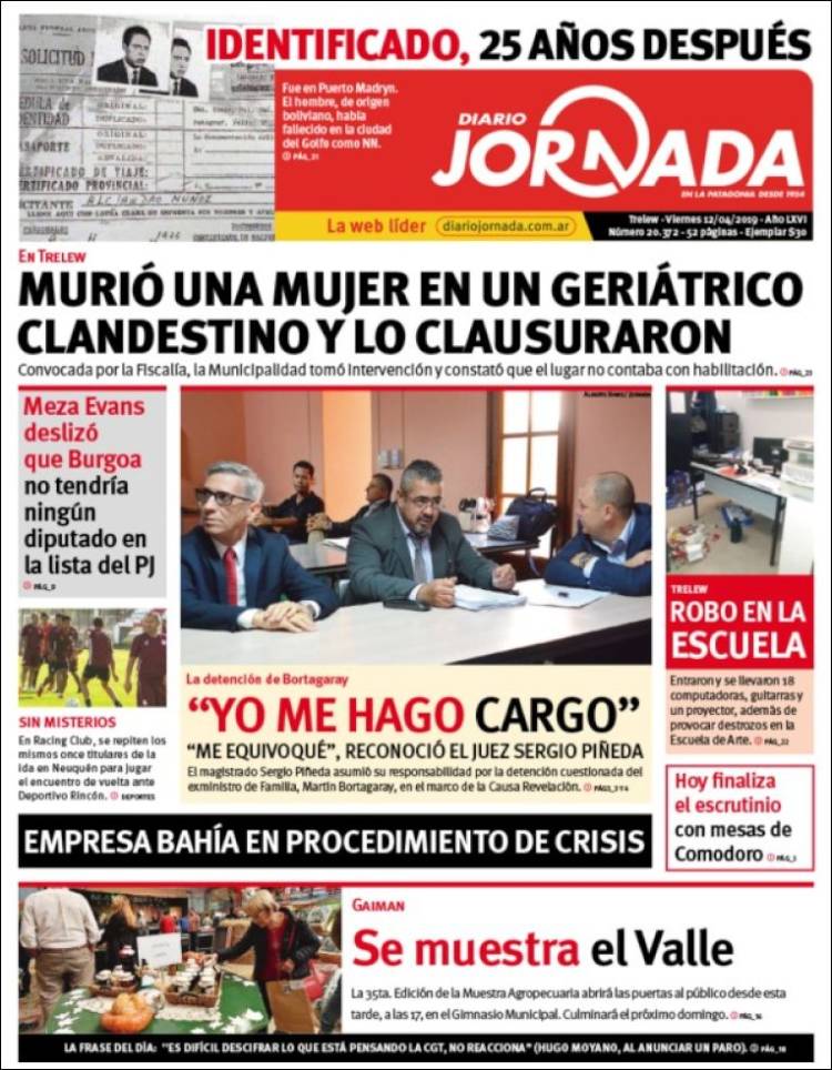 Portada de Diario Jornada en la Patagonia (Argentina)