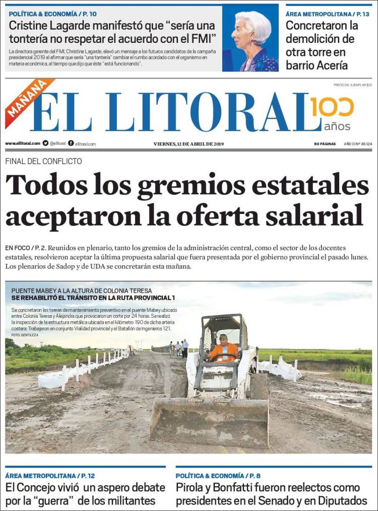 Portada de Diario El Litoral (Argentina)