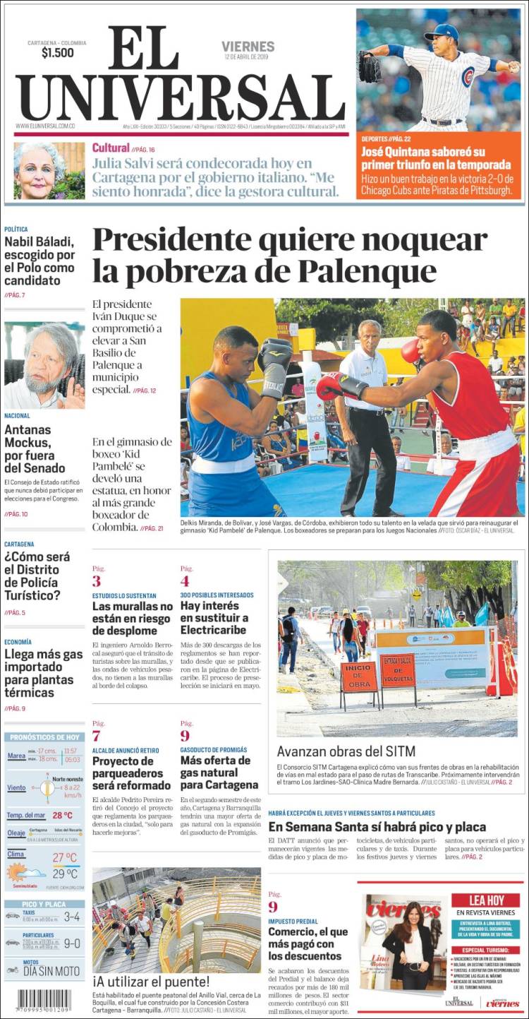 Portada de El Universal (Colombia)