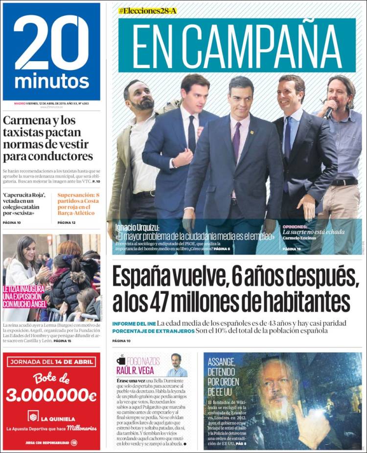 Portada de 20 Minutos - Madrid (Espa&ntilde;a)