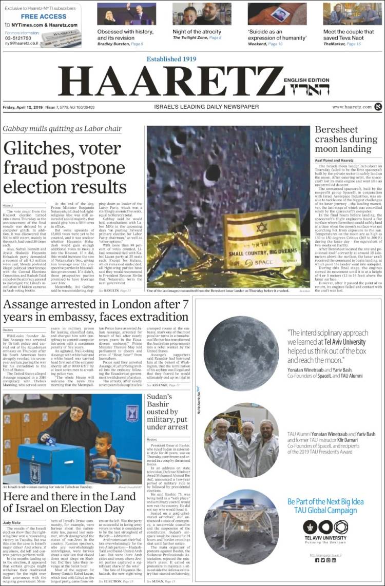 Portada de Haaretz (Israel)
