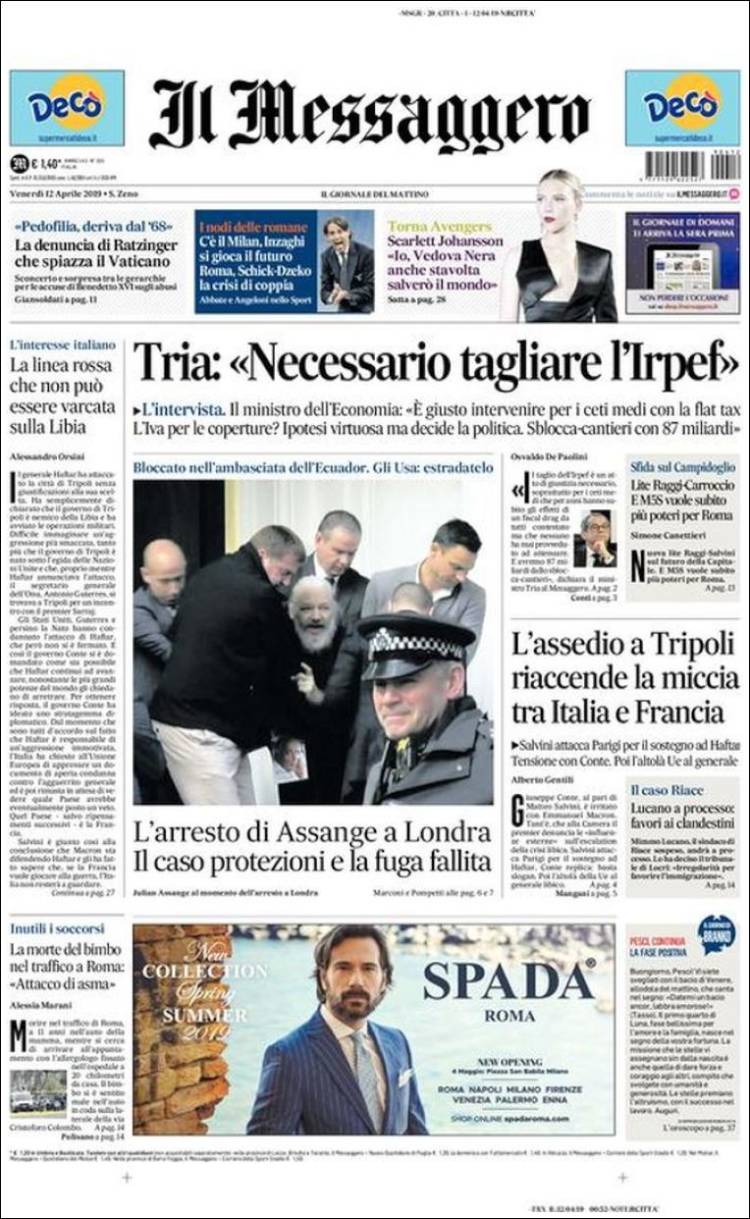 Portada de Il Messaggero (Italia)