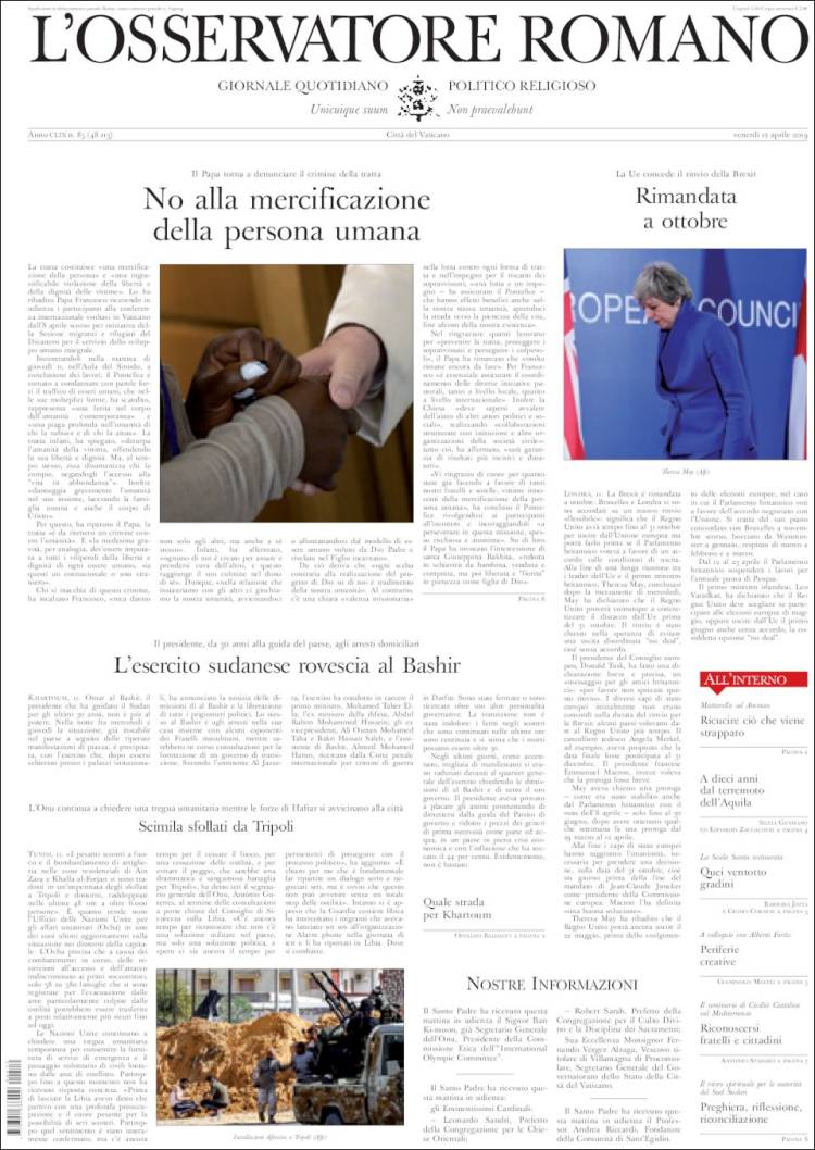 Portada de L'Osservatore Romano (Italia)