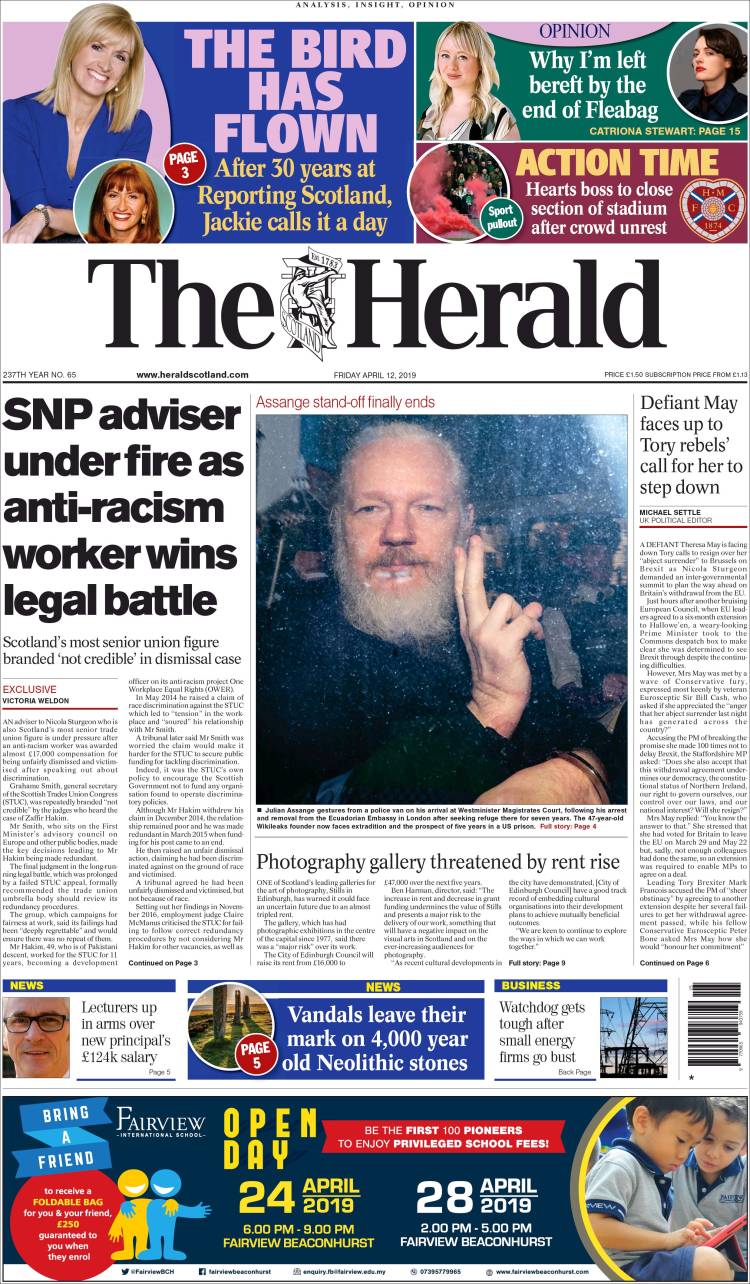 Portada de The Herald (Reino Unido)
