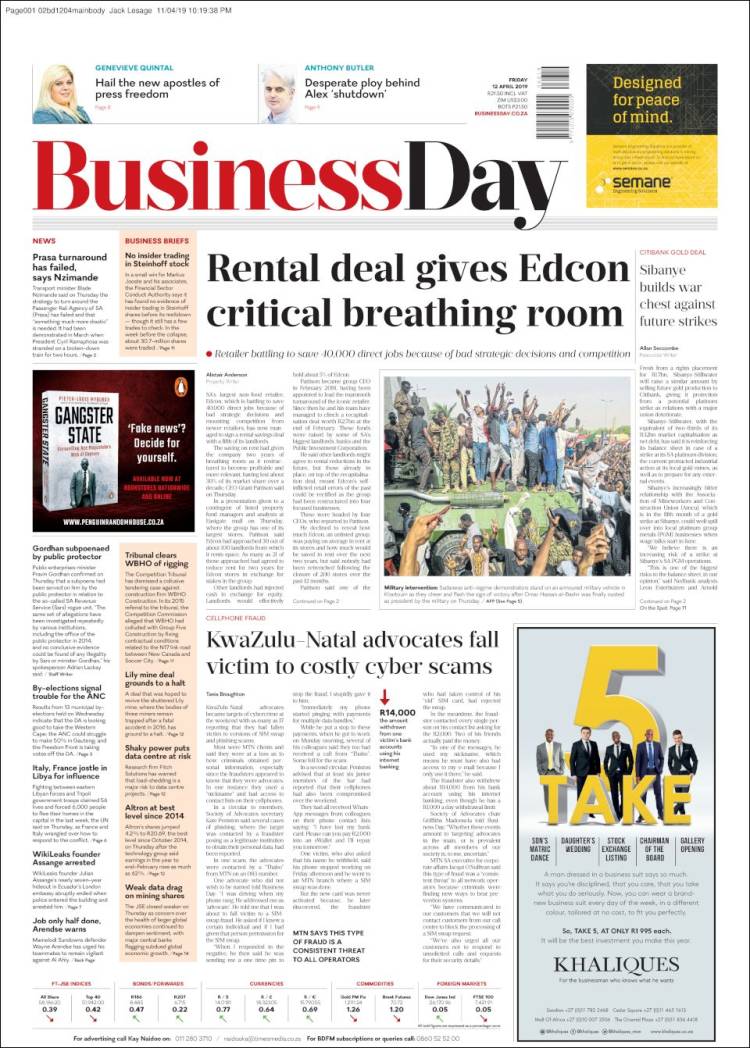 Portada de Business Day (Sud&aacute;frica)
