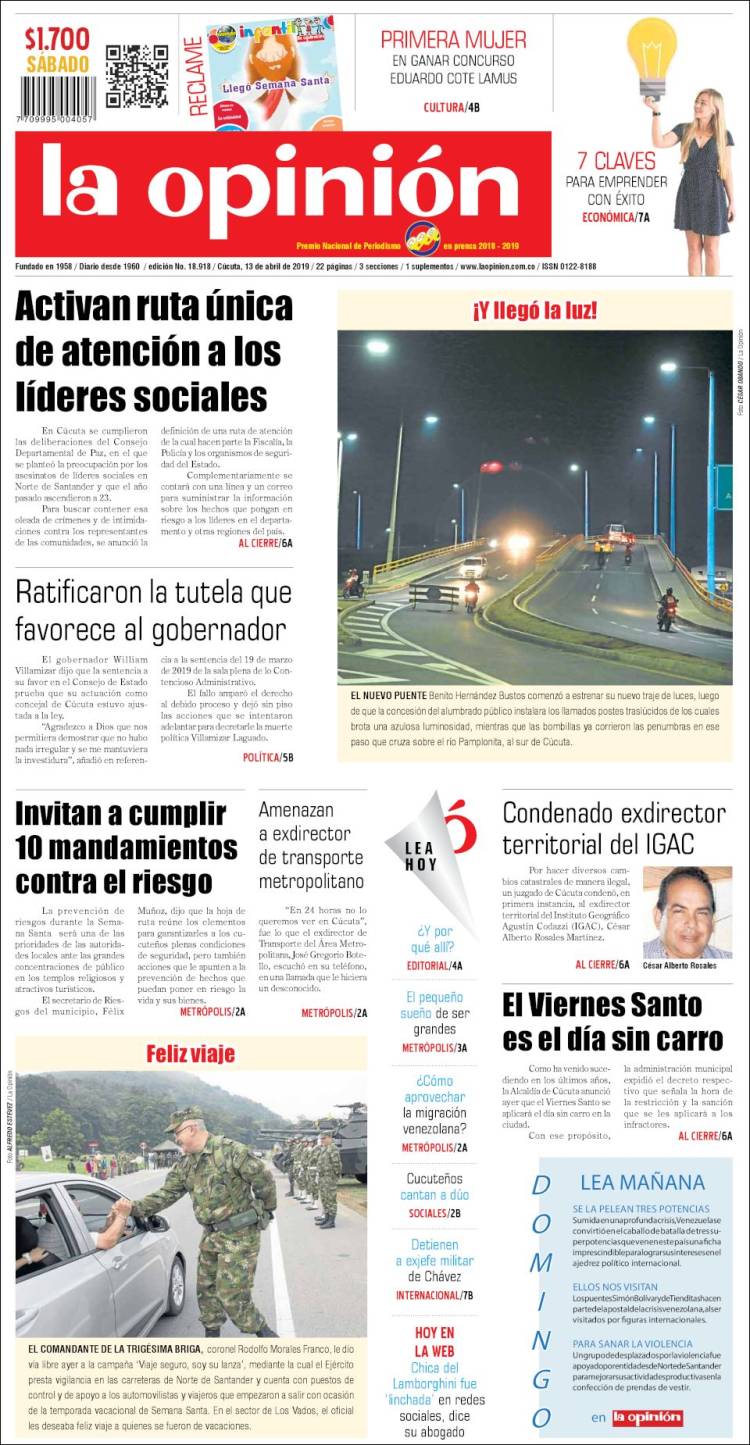Portada de Diario La Opinion (Colombia)