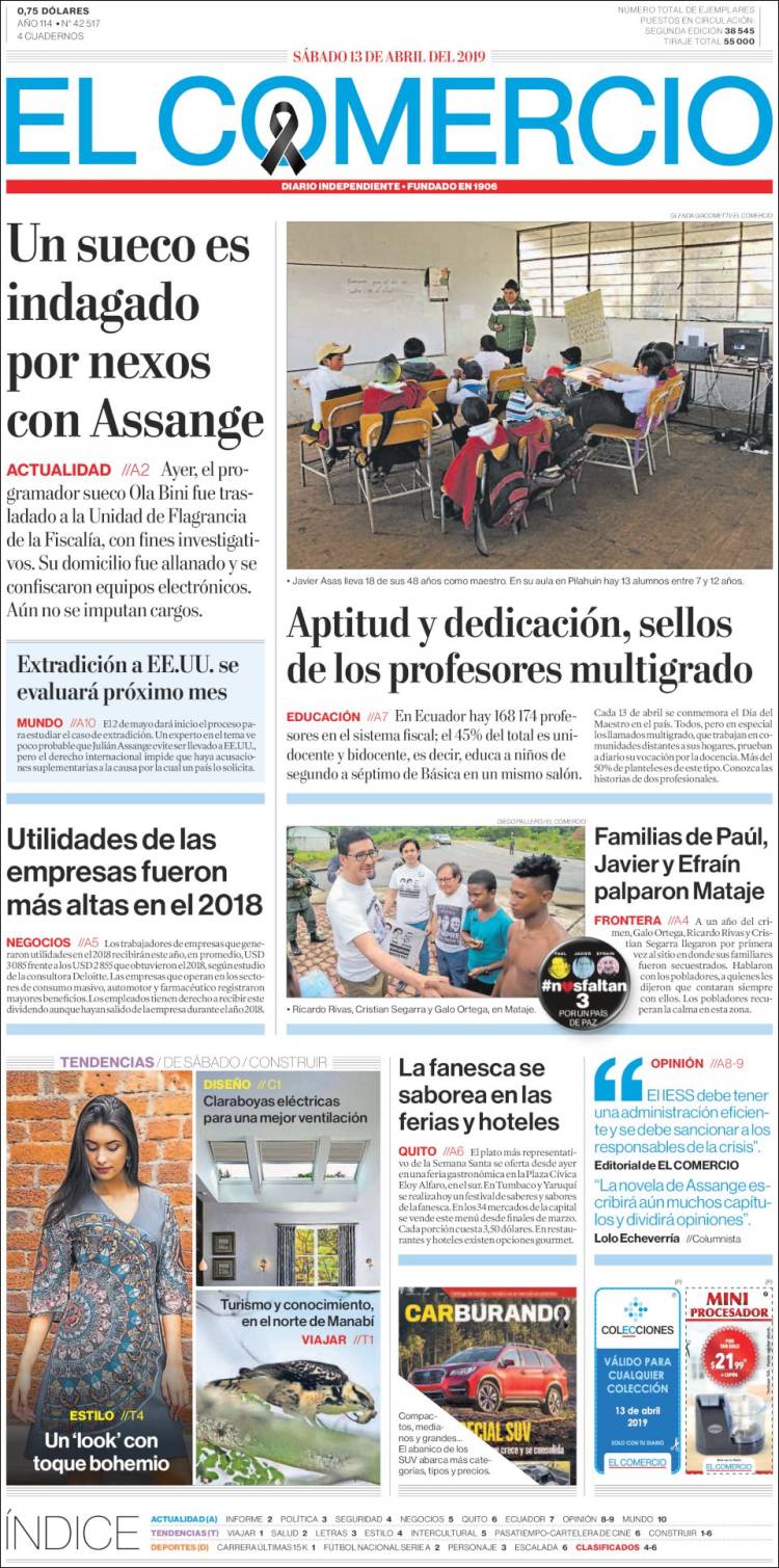 Portada de El Comercio (Ecuador)