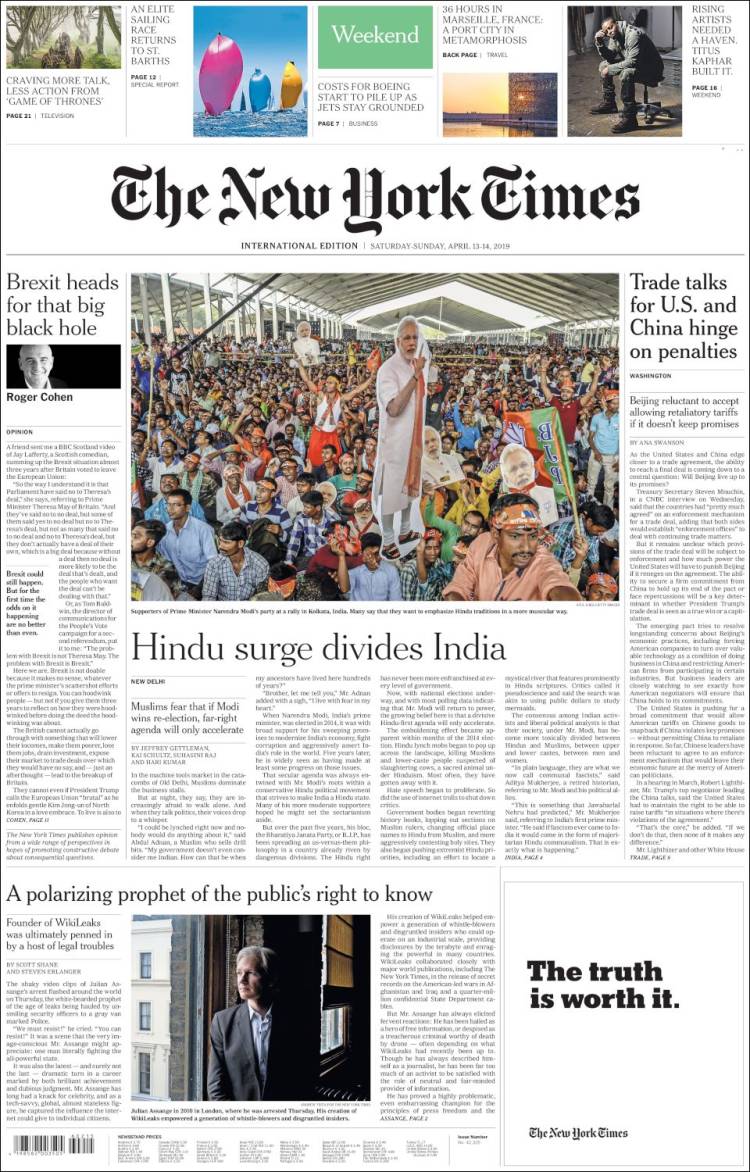 Portada de International New York Times (Europa)