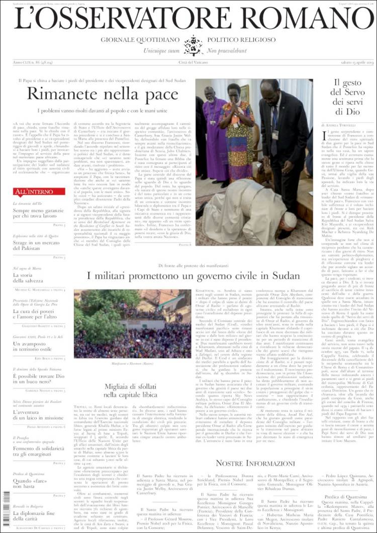 Portada de L'Osservatore Romano (Italia)