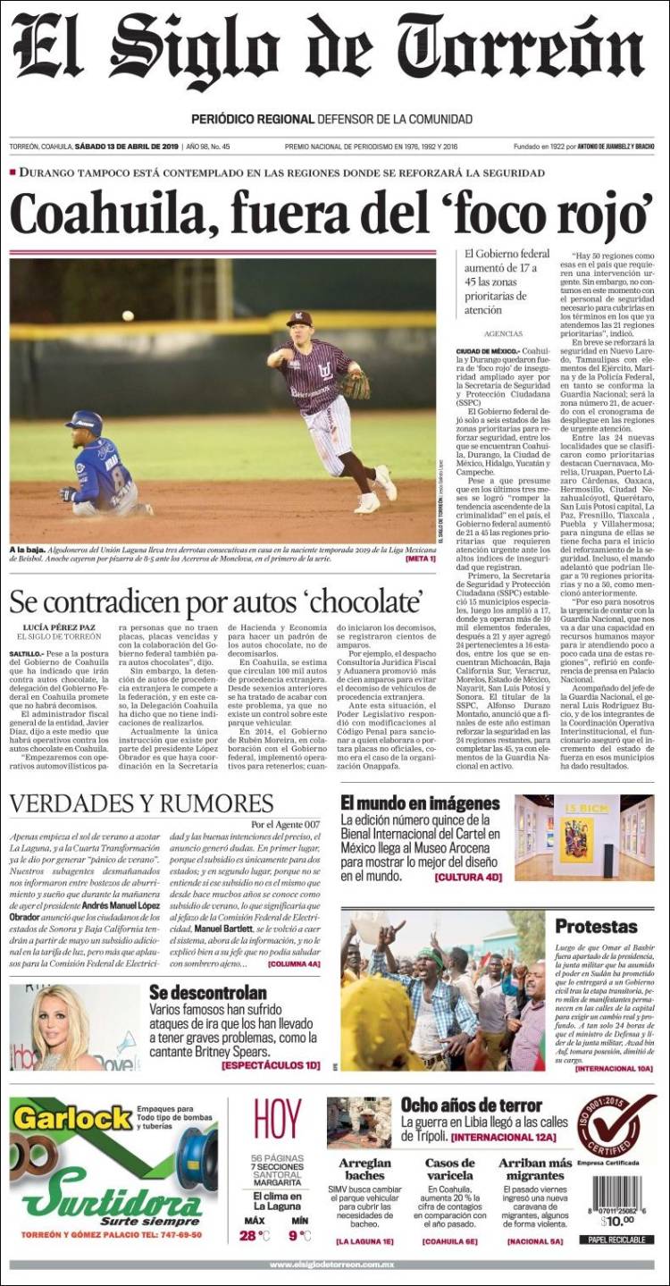 Portada de El Siglo de Torreon (Mexico)
