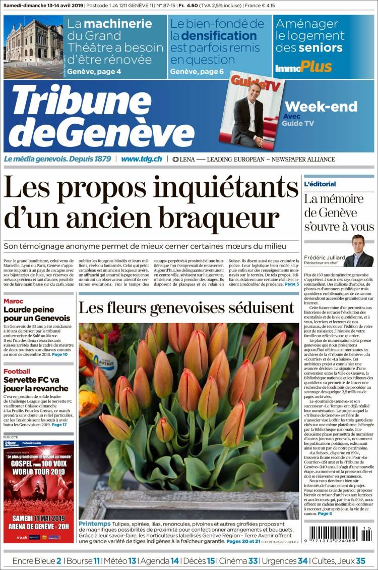 Portada de La Tribune de Genève (Suiza)
