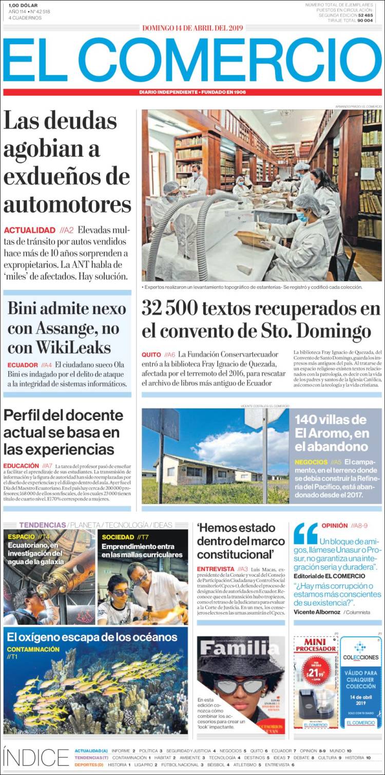 Portada de El Comercio (Ecuador)
