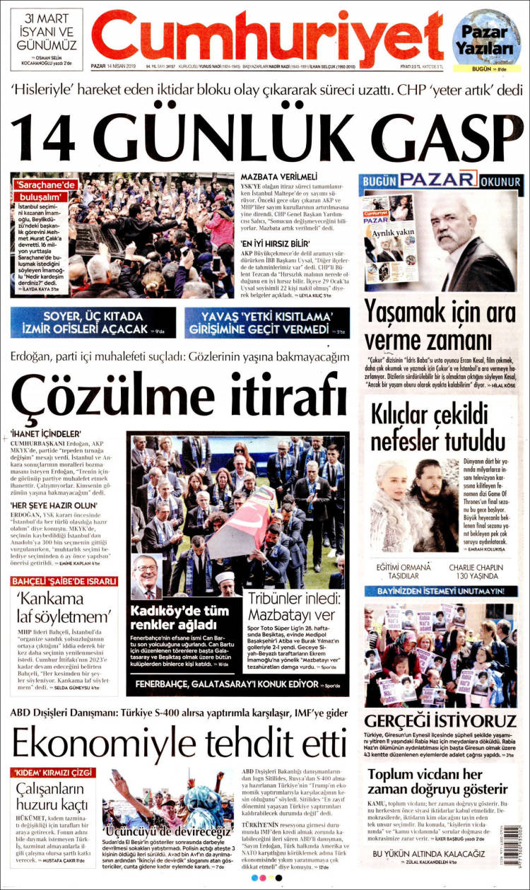 Portada de Cumhuriyet (Turqu&iacute;a)