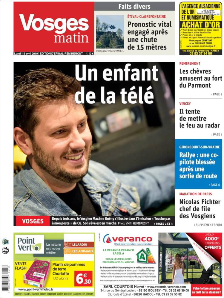 Portada de Vosges Matin (Francia)