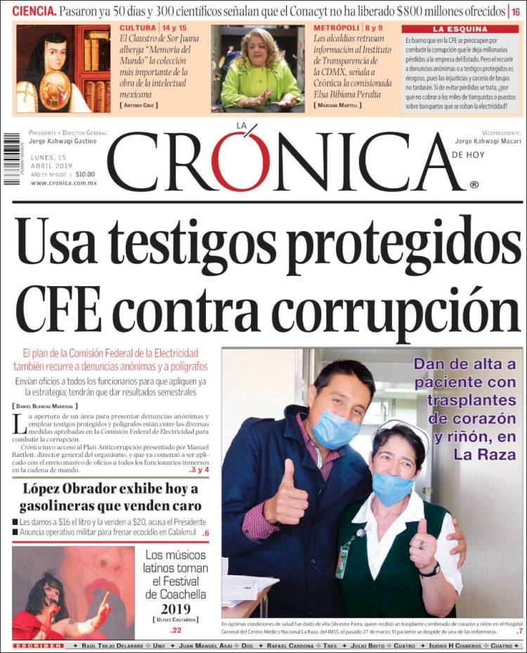 Portada de La Crónica de Hoy (México)