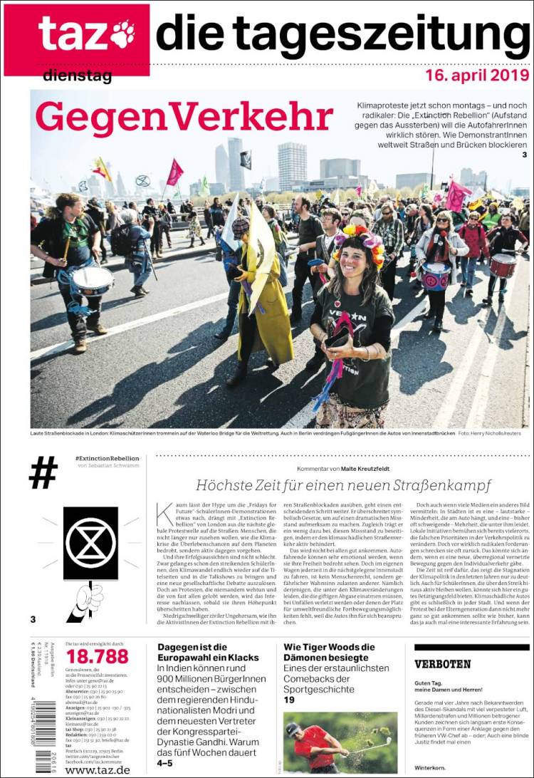 Portada de Die Tageszeitung (Alemania)