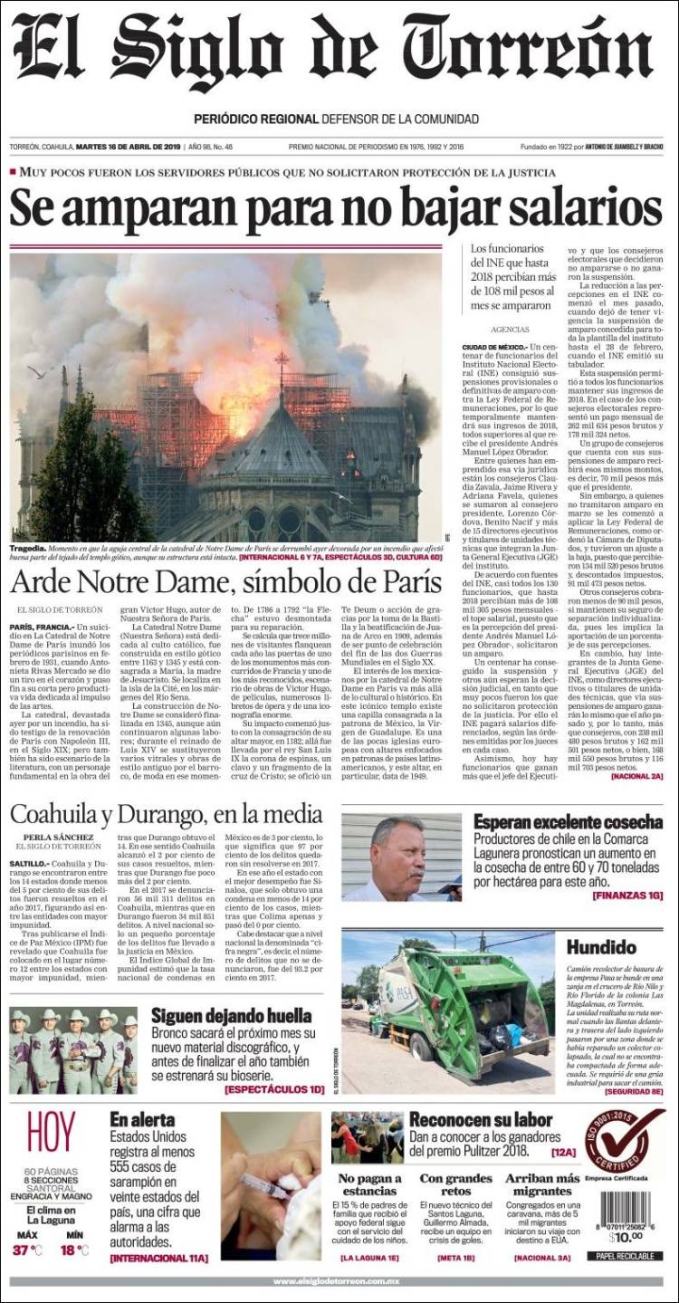 Portada de El Siglo de Torreon (M&eacute;xico)