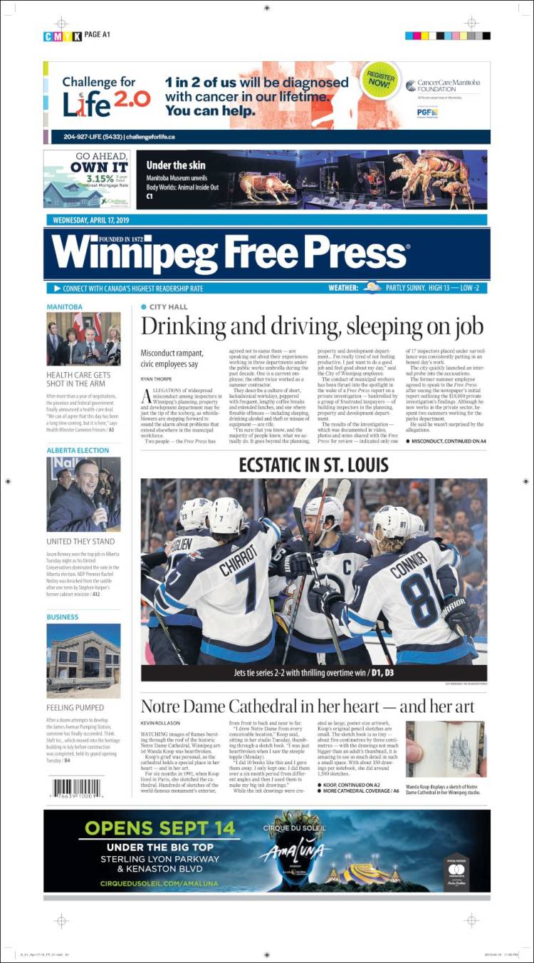 Portada de Winnipeg Free Press (Canadá)