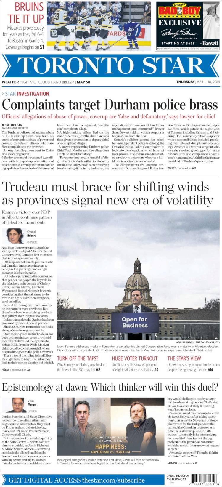 Portada de The Toronto Star (Canada)