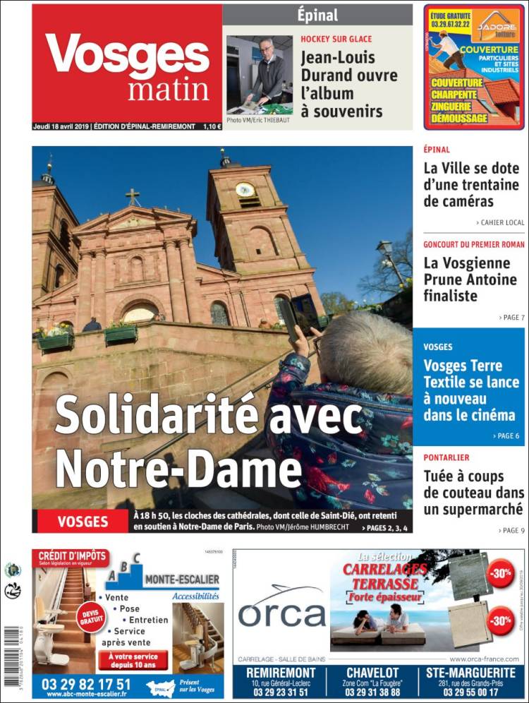 Portada de Vosges Matin (Francia)