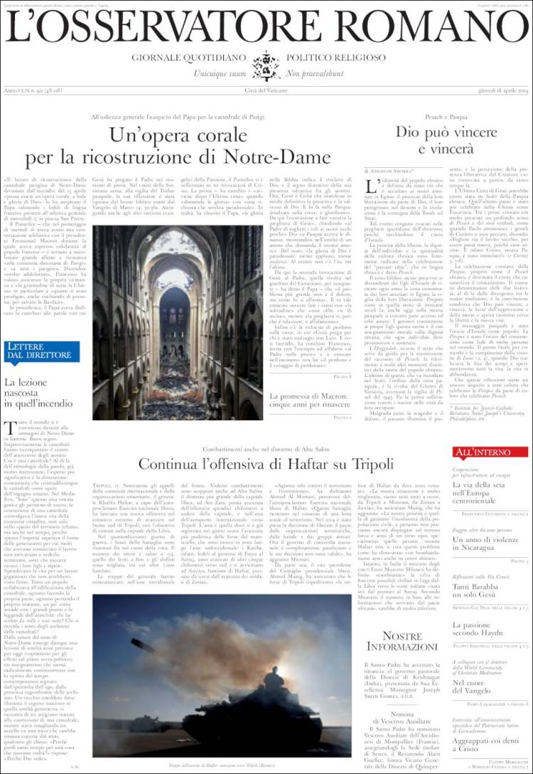 Portada de L'Osservatore Romano (Italia)