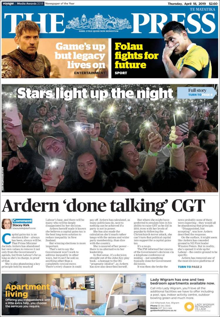 Portada de The Press (Nueva Zelanda)