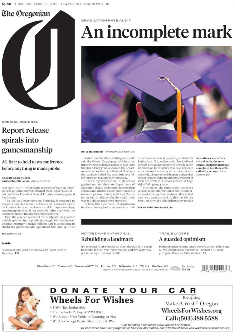 Portada de The Oregonian (USA)