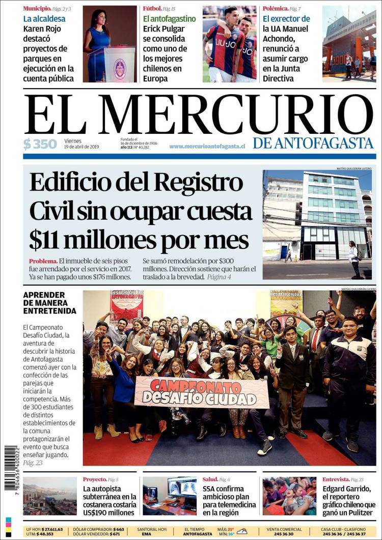 Portada de El Mercurio de Antofagasta (Chile)