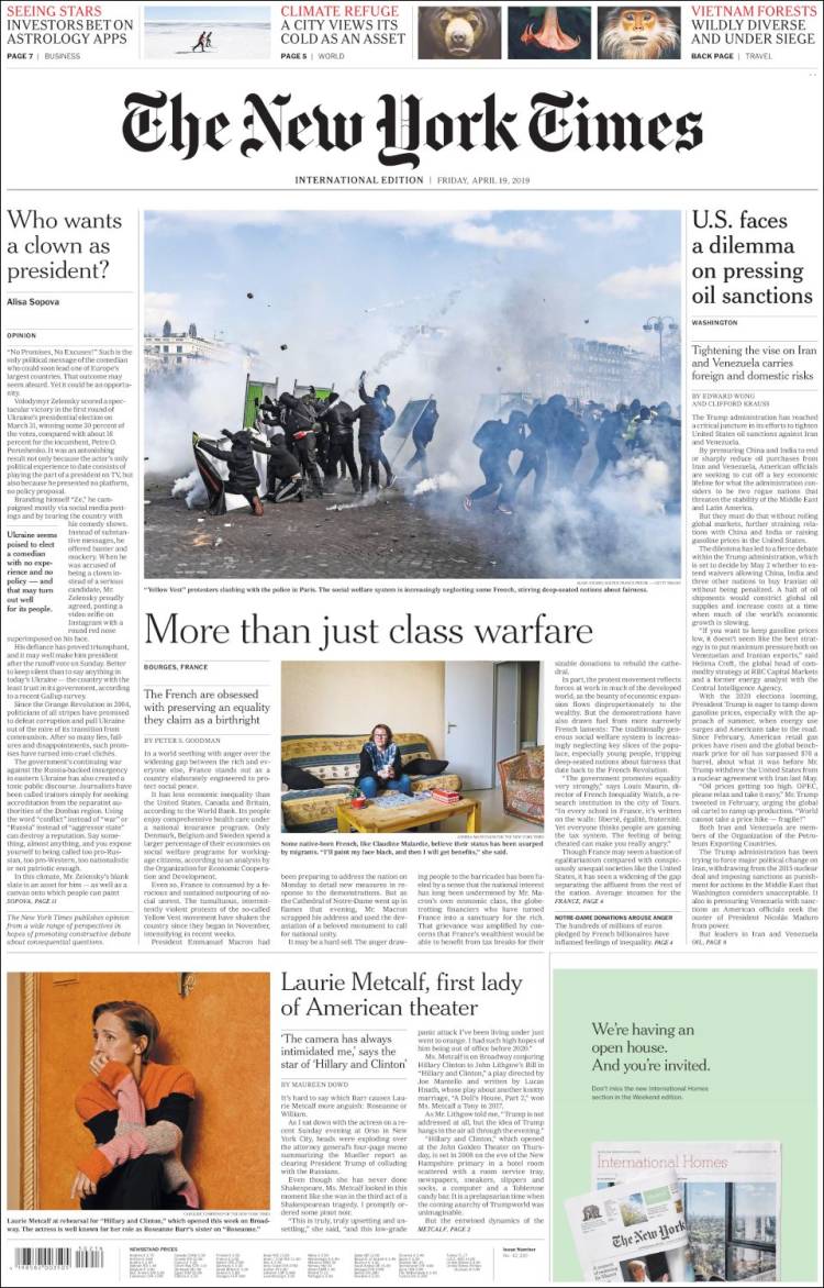 Portada de International New York Times (Europa)