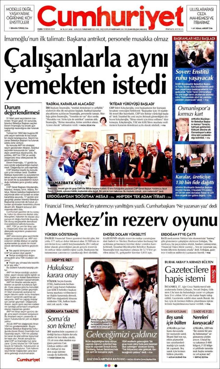Portada de Cumhuriyet (Turqu&iacute;a)