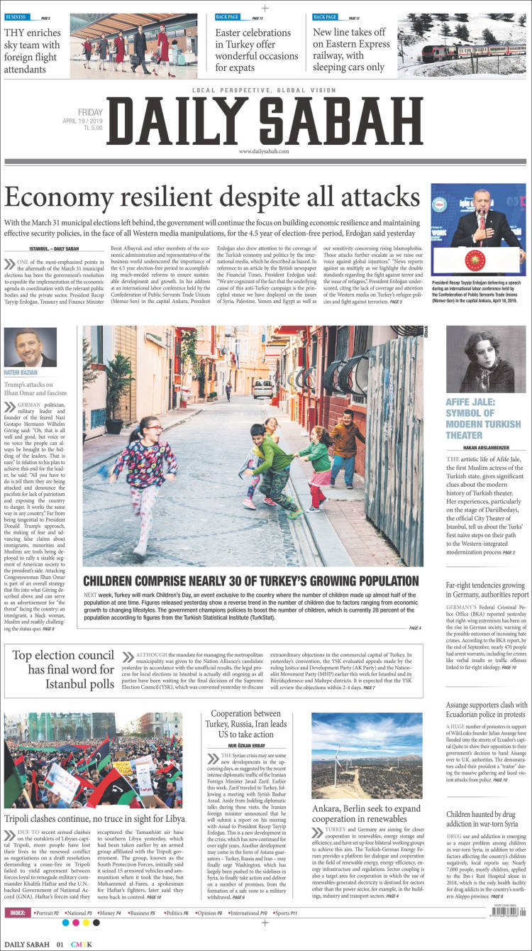 Portada de Daily Sabah (Turqu&iacute;a)