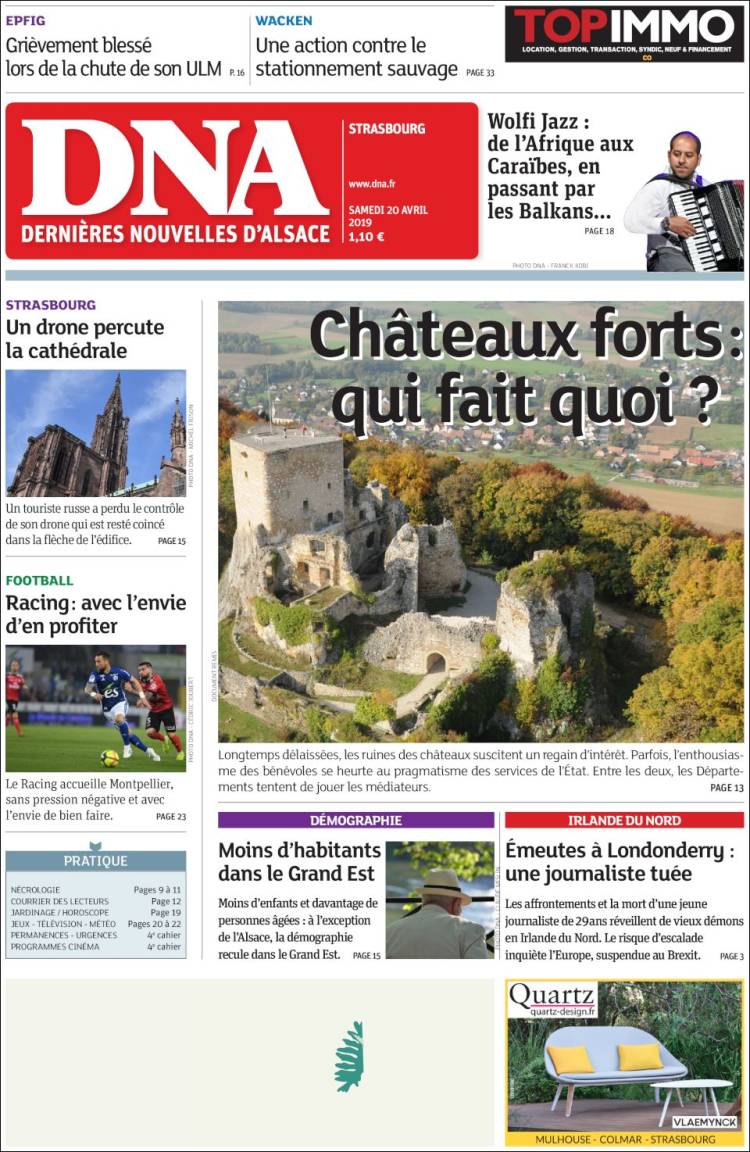 Portada de Les Dernières Nouvelles d'Alsace (Francia)