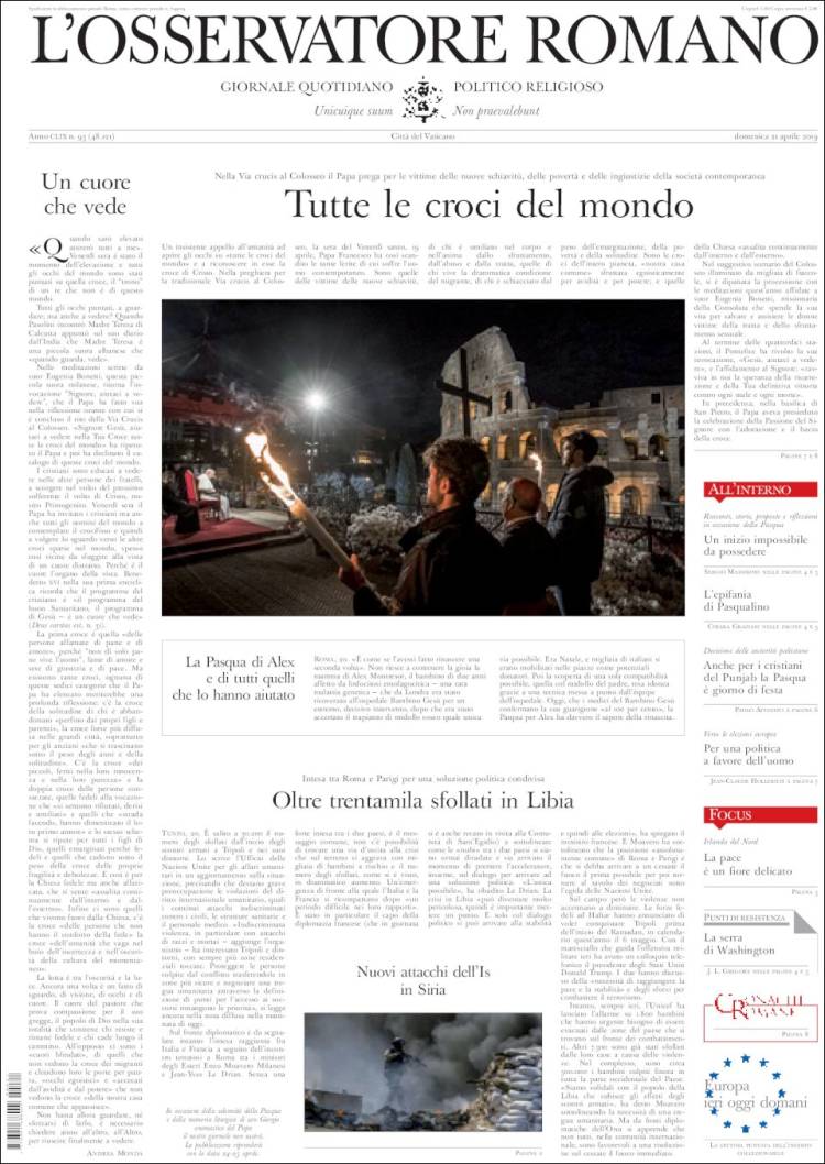 Portada de L'Osservatore Romano (Italia)