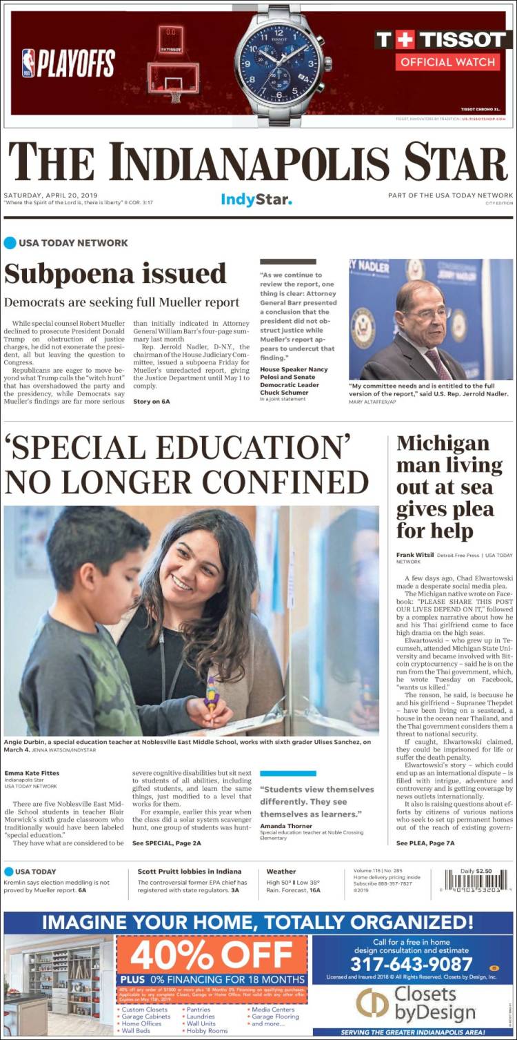 Portada de The Indianapolis Star (USA)