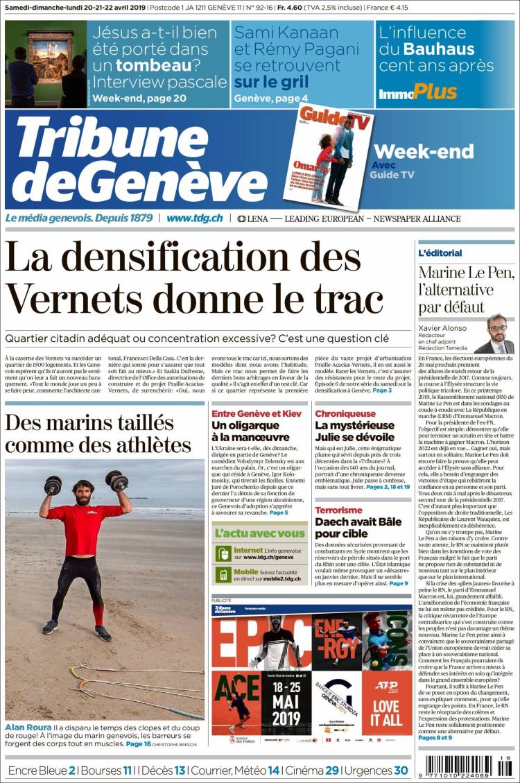 Portada de La Tribune de Genève (Suiza)