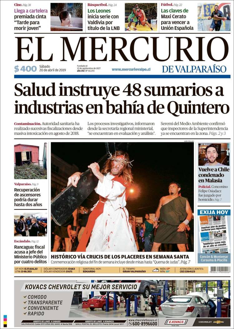 Portada de Mercurio de Valparaiso (Chile)