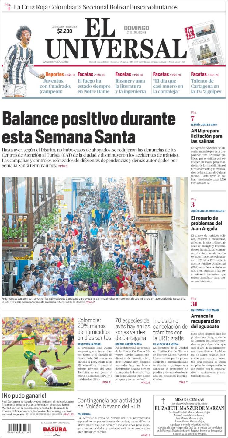 Portada de El Universal (Colombia)