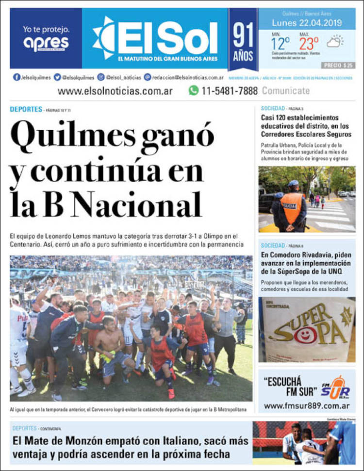 Portada de Diario El Sol (Argentina)