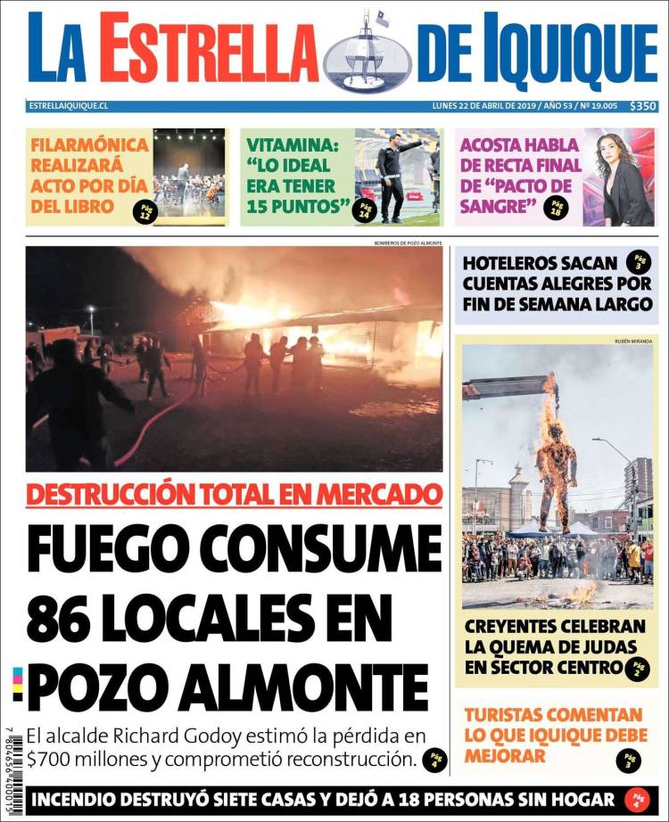 Portada de La Estrella de Iquique (Chile)
